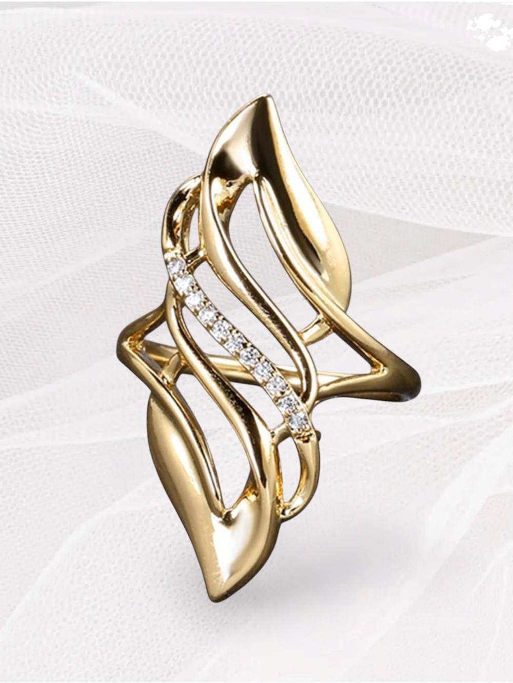 Gold Leaf Swirl Ring with Crystals - Women Jewelry - Picture 1 of 2